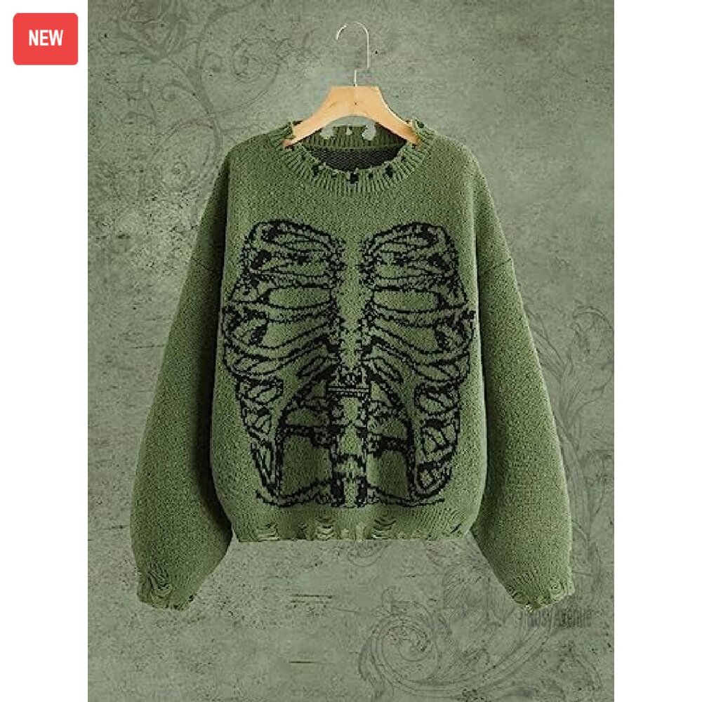 Oversized Skeleton Pattern Ripped Pullover Sweate… - image 4